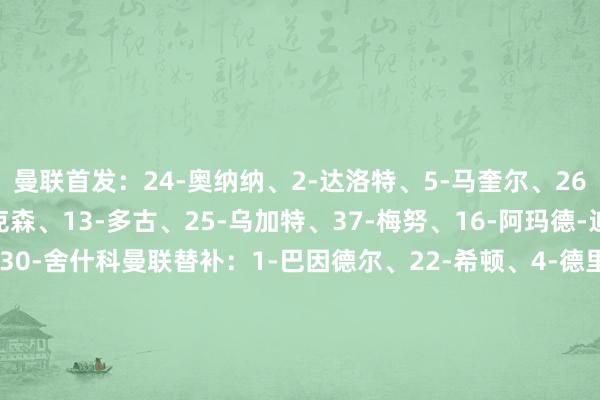 曼联首发：24-奥纳纳、2-达洛特、5-马奎尔、26-海文、33-弗雷德里克森、13-多古、25-乌加特、37-梅努、16-阿玛德-迪亚洛、10-库尼亚、30-舍什科曼联替补：1-巴因德尔、22-希顿、4-德里赫特、35-莱昂、18-卡塞米罗、8-B费、7-芒特、19-姆伯莫、11-皆尔克泽格林斯比首发：1-皮姆、5-哈维-罗杰斯、21-沃伦、17-卡梅伦-麦克詹内特、3-斯威尼、20-乔治-麦凯克兰、22-卡梅伦-加纳、4-基兰-格林、8-埃文-库里、18-达拉赫-伯恩斯、30-查尔斯-维尔南格林斯比替补：41-奥顿、16-里斯-斯丹顿、14-贾斯丁-阿马鲁佐尔、15-盖佐-图里、23-亨利-布朗、10-苏苏普-贝尔、32-丹尼-罗斯、9-加泽、99-克拉克-奥多【赛前信息】    体育最新信息